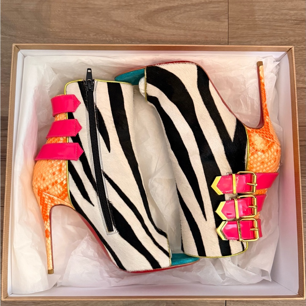 Christian Louboutin Zebra Pony Hair Ankle Booties – Pink Straps – Size 37.5